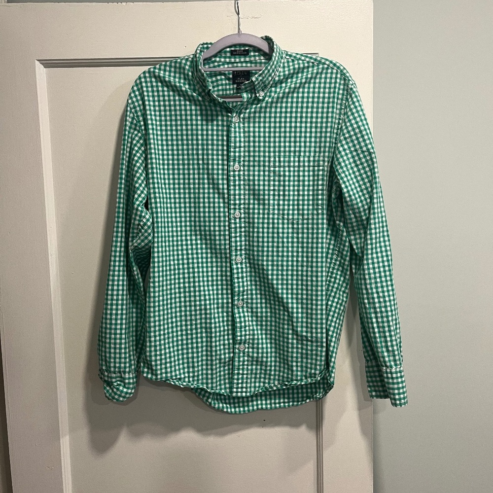 J crew men’s green gingham shirt